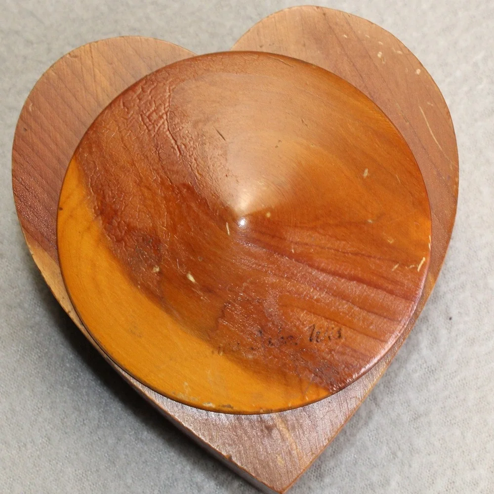 Handmade Heart Trinket Box Cedar Wood Brown Swivel Lid Signed Folk Art Gift